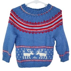 VTG Kids Hand Knit Reindeer Fair Isle Blue Sweater Libby Greer *See Measurements